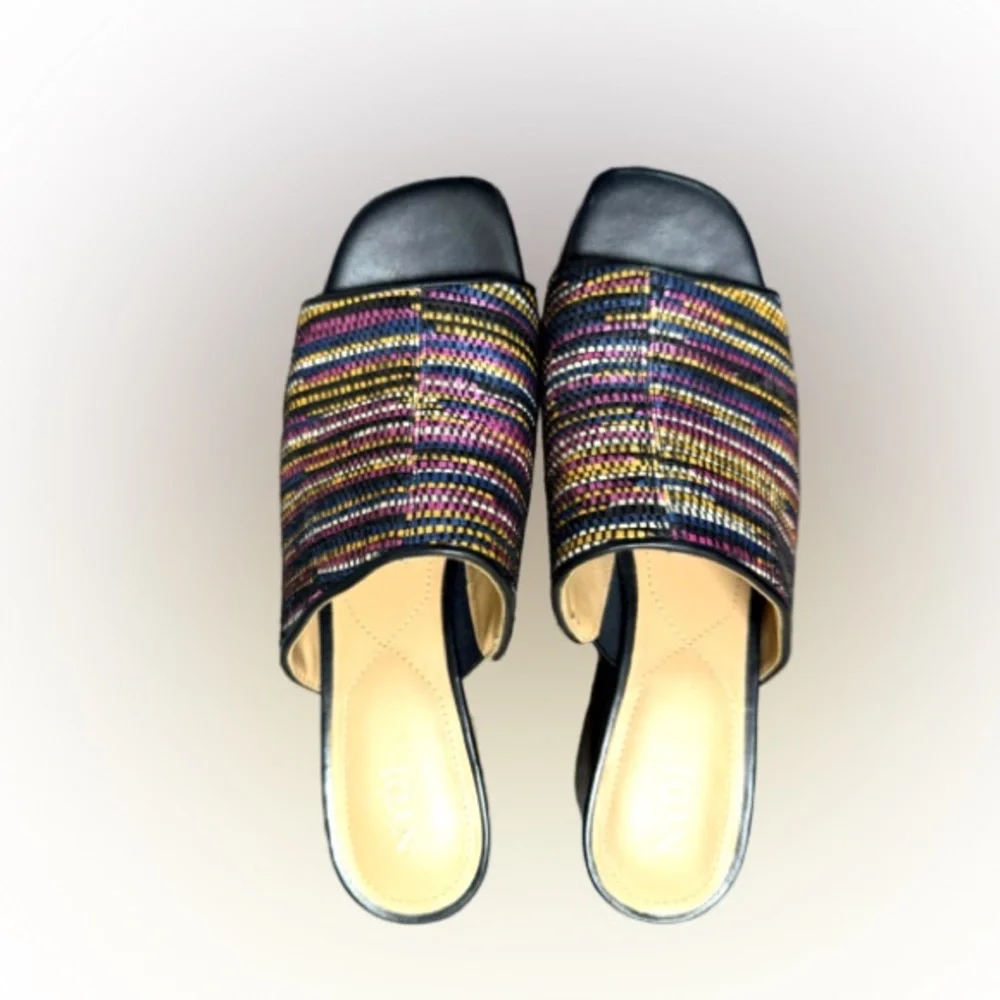 NYDJ Heeled Mule Slides-Gwen Black/Multi Colored NWOT Size 8.5 Pristine Cond.